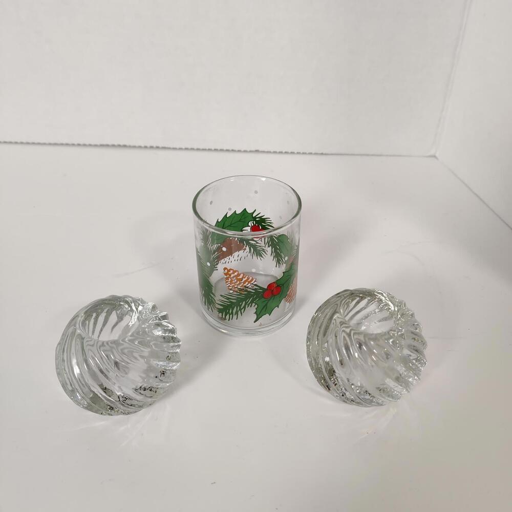 Vintage Christmas Holly Pine Cones Boughs Snow and Paper Weight Candle Holders